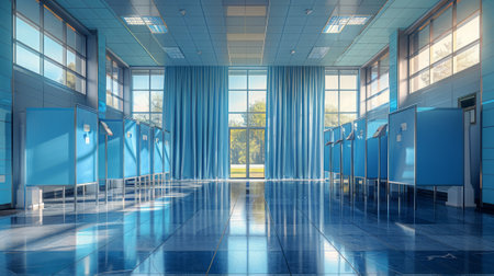 Empty polling place with privacy voting booths. Concept of elections, transparent democracy, privacy for voters, accessible voting, and civic participation.の写真素材