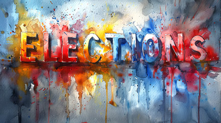 Bright watercolor painting spelling ELECTIONS with aquarelle splatters. Concept of election...