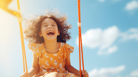 Joyful kid girl laughing on a swing on a warm sunny day on a playground. Concept of carefree play, happy childhood, summer fun, outdoor activities.のeditorial素材