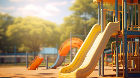 Colorful playground equipment with slides on a sunny day. Concept of outdoor fun, active play areas, and children's recreation.の写真素材