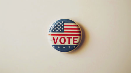 Vintage American election badge with VOTE text and American flag design. Isolated on white backdrop....