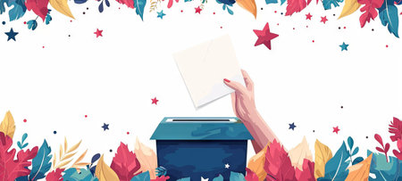 Illustration of female hand placing a ballot into a voting box. Voter. Woman voting. Festive...