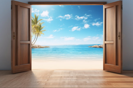 Open doors leading to a tropical beach paradise with clear water. Concept of escape, vacation, peaceful retreats, heavenly shorelines, calmness, relaxation, freedom, adventure, and limitless possibilities.の写真素材
