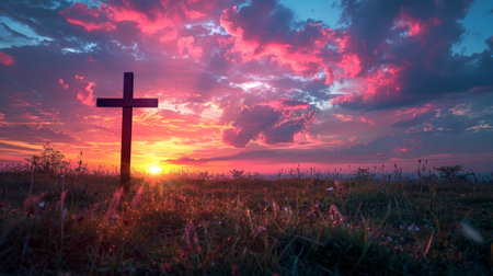 Silhouette of a cross with the rising sun painting the sky in vibrant hues. Easter morning. Wooden cross in a field at sunrise. Concept of Easter, hope, resurrection celebration, and faith renewalの写真素材