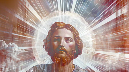 Jesus Christ surrounded by a halo of divine light, embodying sacrifice and resurrection. Bible icon. Concept of salvation, Easter, sacred moments, crucifixion, rebirth, faith, and divine love. Artの写真素材