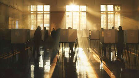 People participating in elections at a local voting station. Voters at voting booths. Concept of...