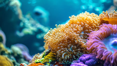 Vivid coral reef in ocean waters. Concept of marine life, underwater biodiversity, tropical...