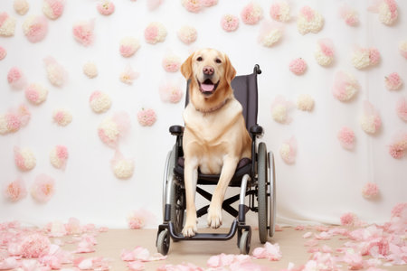 Labrador retriever in a wheelchair against a floral backdrop. Concept of pet care, special needs animals, and therapeutic environment.の写真素材