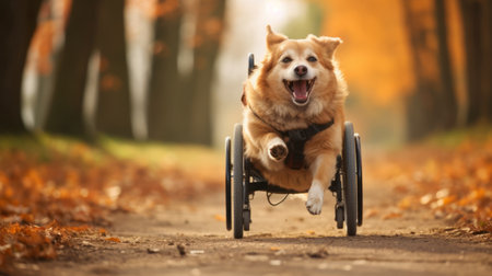 A beaming Corgi in a wheelchair on a tree-lined path. Concept of disability adaptation, pet...