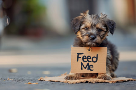 Stray cute puppy with a Feed me sign on the street. Concept of stray care, animal welfare, street...
