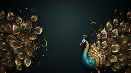 Jewelry golden peacock with expansive tail feathers on dark background. Concept of digital art, elegance in nature, graphic design, avian beauty, and luxury. Copy spaceの写真素材