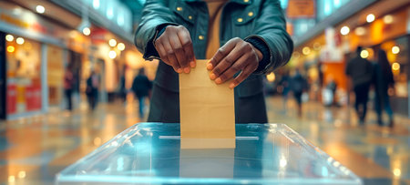 African American male hand placing a ballot into a voting box at a polling place. Black voter man voting. Concept of democracy, elections, diversity. American presidential elections. Wide Bannerの写真素材