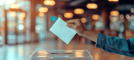 Female hand placing a ballot into a voting box at a polling station. Voter. Middle aged woman voting. Concept of democracy, elections, political process. American presidential elections. Wide Bannerの写真素材