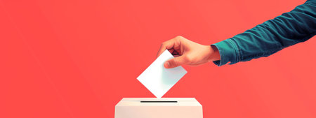 Female hand placing a ballot into a voting box. Voter. Caucasian woman voting. Isolated on solid red...