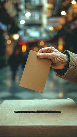Old female hand placing ballot into voting box at a polling station. Elderly woman voting. Voter....