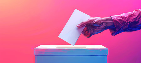 Illustration of African American male hand placing a ballot into a voting box. Black voter man...