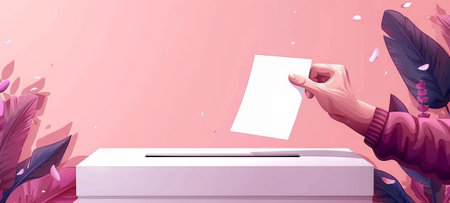 Illustration of Female hand placing a ballot into a voting box. Woman voting. Female voter. Concept...
