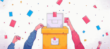 Colorful illustration of hands casting votes into ballot box. Concept of election day, democratic...