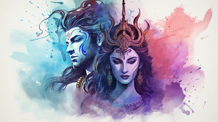 Ethereal figures of Shiva and Shakti amidst vibrant splashes of color. Concept of mythological tradition, divine couple, and spiritual art. Mythical man and woman, fantasy. Couple in loveの写真素材