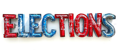 Blue and red large letters spelling ELECTIONS isolated on white background. Concept of election campaign, political events, voting awareness, public message, democratic process, and call to action. Bannerの写真素材