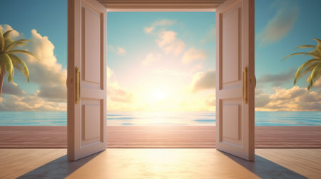 Doors open to a serene beach with crystal-clear waters. Concept of escape, vacation, peaceful retreats, heavenly shorelines, calmness, relaxation, freedom, adventure, and limitless possibilities.の写真素材