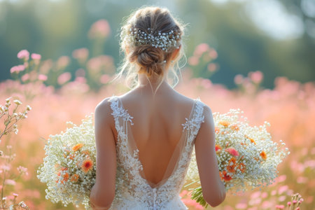 Back view of a woman in a white wedding dress against a flower field backdrop. Concept of wedding...