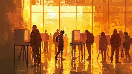 Silhouettes of people at a polling place during sunset. Concept of elections, evening voting,...