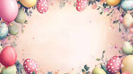 Festive Easter border with colorful eggs and balloons on floral background. Concept of spring...