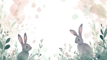 Watercolor illustration of two rabbits surrounded by soft pastel foliage. Concept of Easter, springtime charm, nature's beauty, gentle pastel art greeting card, copy space.の写真素材