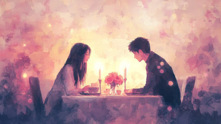 Romantic Valentine's Day dinner watercolor art of Asian couple enjoying a candlelit meal. Concept of love, romance, intimate moments, and special celebrations.の写真素材