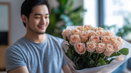 Smiling Asian Man Holding a Bouquet of Pink Roses in Bright Room. Concept of Love, Thoughtful Gifts,...