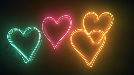 Neon Valentine's Day Art with Glowing Hearts in Vibrant Colors Concept of Love Romance and Passion Abstract Romantic Background.の写真素材