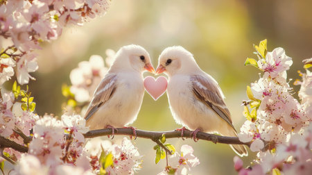 Two birds sitting on a blooming branch with a heart. Concept of love, romance, nature, and springtime. Beautiful moment of affection and connection in a harmonious setting. Valentine's Day.の写真素材