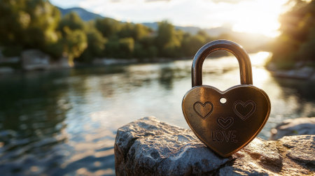 Heart-shaped padlock with engraved names on a riverside rock at sunset. Concept of everlasting love, romantic commitment, symbolic art. Valentine's Day. Copy space.の写真素材