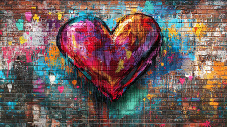 Vibrant graffiti mural of a heart on a brick wall Concept of urban art, street creativity, love expression.の写真素材