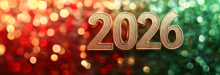 Elegant golden 2026 banner against vibrant bokeh background with festive red and green tones....