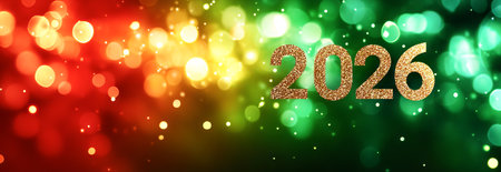 Elegant golden Christmas 2026 banner with subtle shimmer in festive red and green bokeh background....