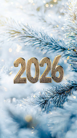 Elegant gold 2026 in bold letters with sparkling pine branches. Concept of holiday celebration,...