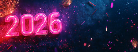 Neon Christmas 2026 Numbers with Vibrant Fireworks Celebrating Festive New Year. Concept of Future,...