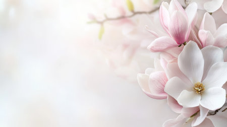 Blooming Magnolia Branch in Springtime Scene with Soft Pastel Background. Concept of Natural Beauty, Rebirth, Tranquility, Botanical Elegance. Spring background. Copy space.の写真素材