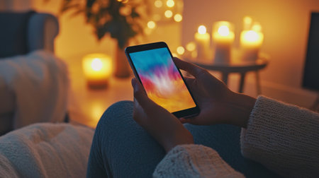 Hands of woman holding smartphone with colorful screen in cozy room illuminated by warm candlelight. Concept of Ramadan, spiritual apps, relaxation, and modern lifestyle, mockup with copy space.の写真素材