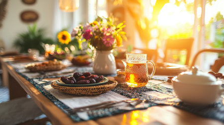 Ramadan family dinner setup with dates and tea on sunlit table. Cozy setting featuring flowers and...