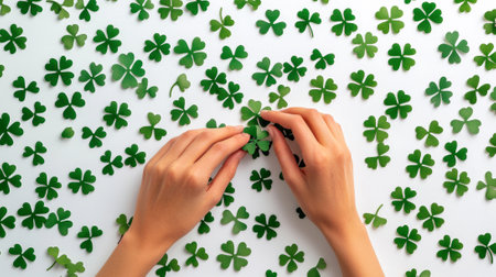 Creative St. Patrick's Day DIY Craft with Hands Arranging Shamrocks. Concept of Holiday Crafting,...