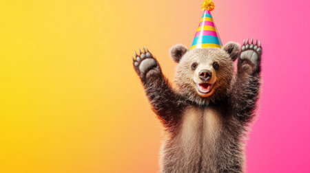 Adorable Bear Cub Dancing in Colorful Party Hat with Paws Raised on Bright Background. Concept of Celebration, Joyful Animals, Fun Parties, Cute Wildlife. Copy space.の写真素材