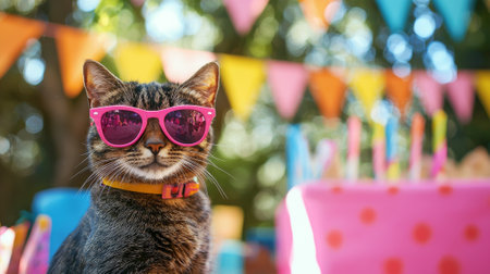 Adorable Cat Wearing Pink Sunglasses at Colorful Birthday Party Celebration Outdoors.