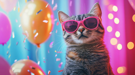 Adorable Cat Wearing Pink Sunglasses at Colorful Birthday Party with Balloons and Confetti. Concept...