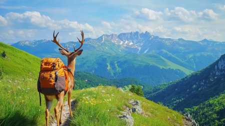 Adventurous Deer with Hiking Backpack on Scenic Mountain Trail with View of Majestic Peaks. Copy space.の写真素材