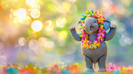 Cheerful Elephant Standing Upright Adorned with Colorful Flower Lei in Vibrant Landscape Illustration.の写真素材