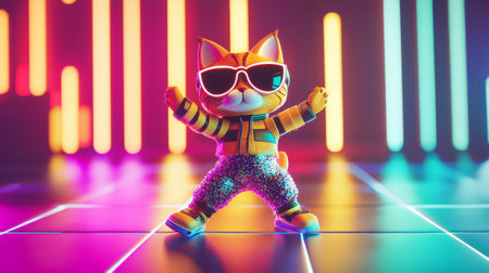 Cool Cartoon Cat Dancing in Disco Lights with Sunglasses and Sparkly Pants. Concept of Dance, Fun, Colorful Animation, Celebration.の写真素材
