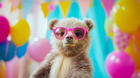 Cute Bear Cub in Pink Sunglasses at Vibrant Birthday Party with Colorful Balloons. Concept of playful celebration, joyful festivities, adorable animal fun, stylish party decor.の写真素材